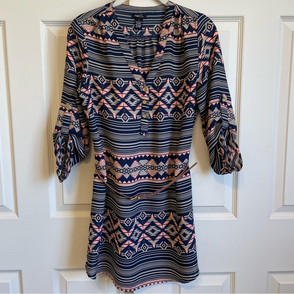 Navy, Tan, and Peachy Pink Casual Dress with 3/4 Sleeves